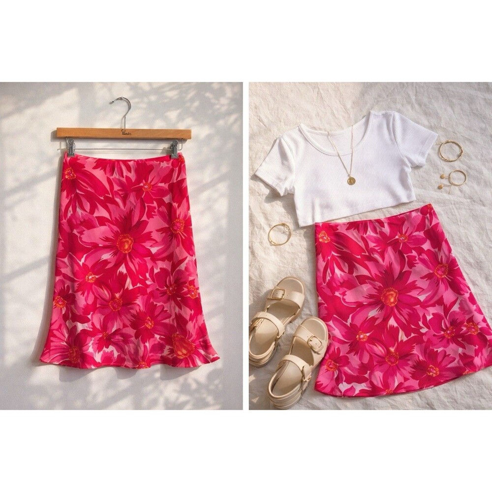 Bright Pink Floral Midi Skirt Y2K 90’s Aesthetic A-Line Vintage